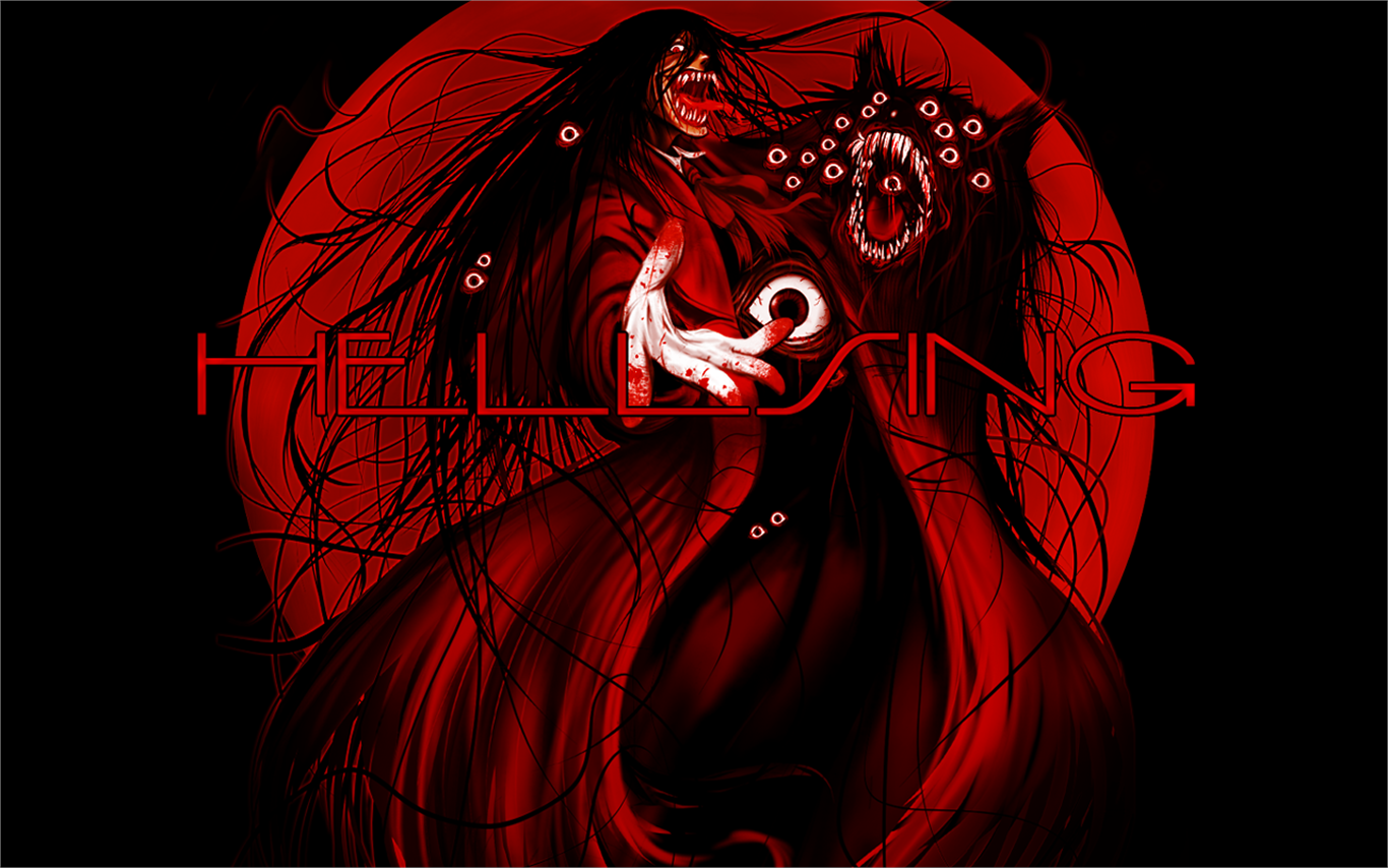 Hellsing anime art: towering red-black monstrous Alucard with flowing hair, many eyes and a snarling maw, a small pale figure cradled against a blood-red moon.