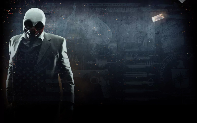 Payday 2 video game artwork: suited robber wearing white clown mask and tie stands at left against a dark, gritty cityscape background.