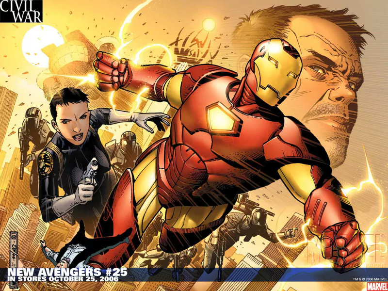 A dynamic scene from the comic New Avengers #25, featuring Iron Man in action alongside a determined female character, set against a backdrop of urban chaos.