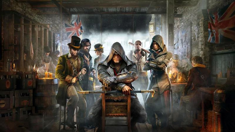 Assassin's Creed: Syndicate artwork — hooded twin assassins and their gang in a smoky Victorian London room with Union flags, central assassin seated holding crossed blades.