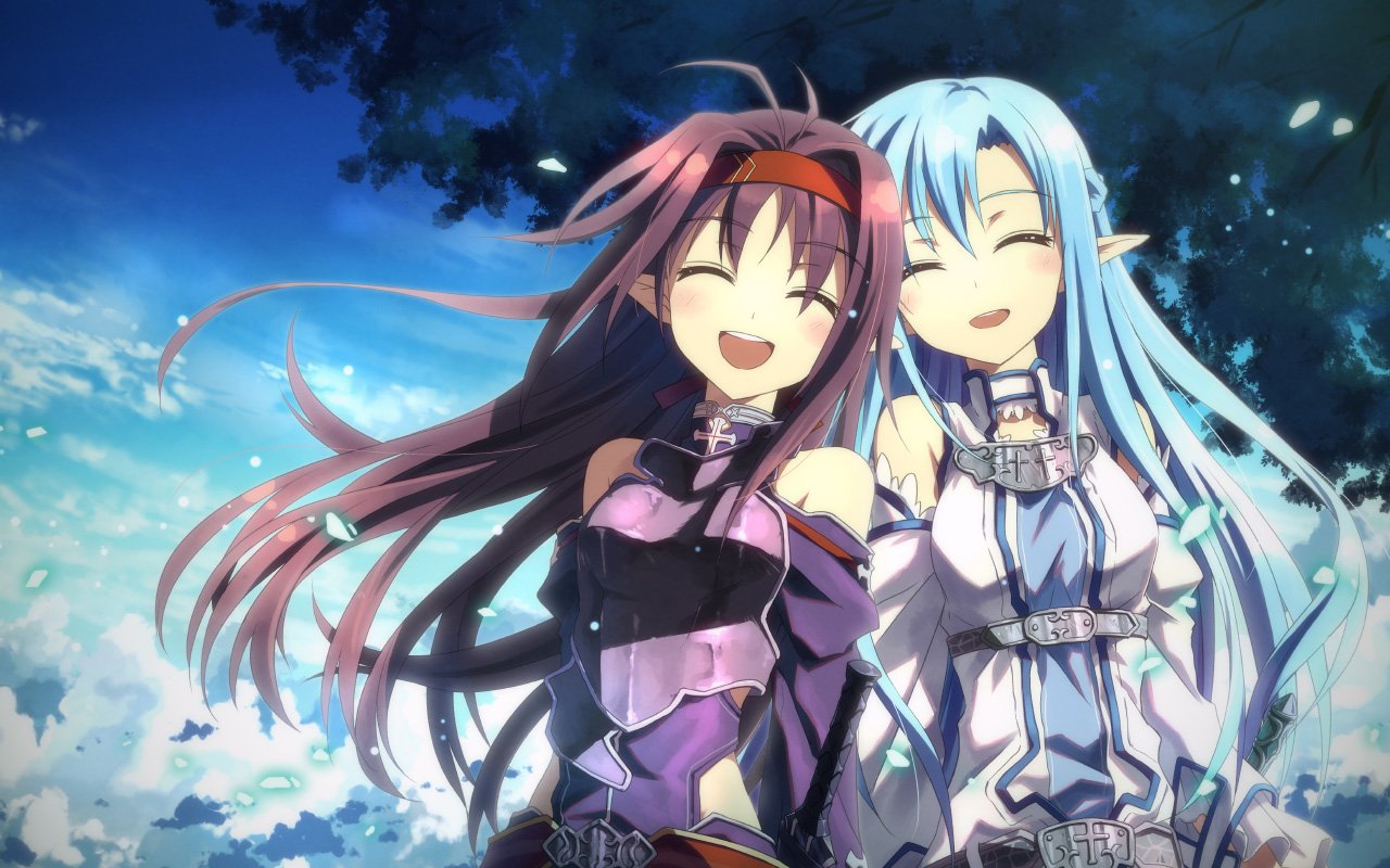 Yuuki Konno and Asuna Yuuki from Sword Art Online II smile joyfully together under a starry night sky in this vibrant anime scene.