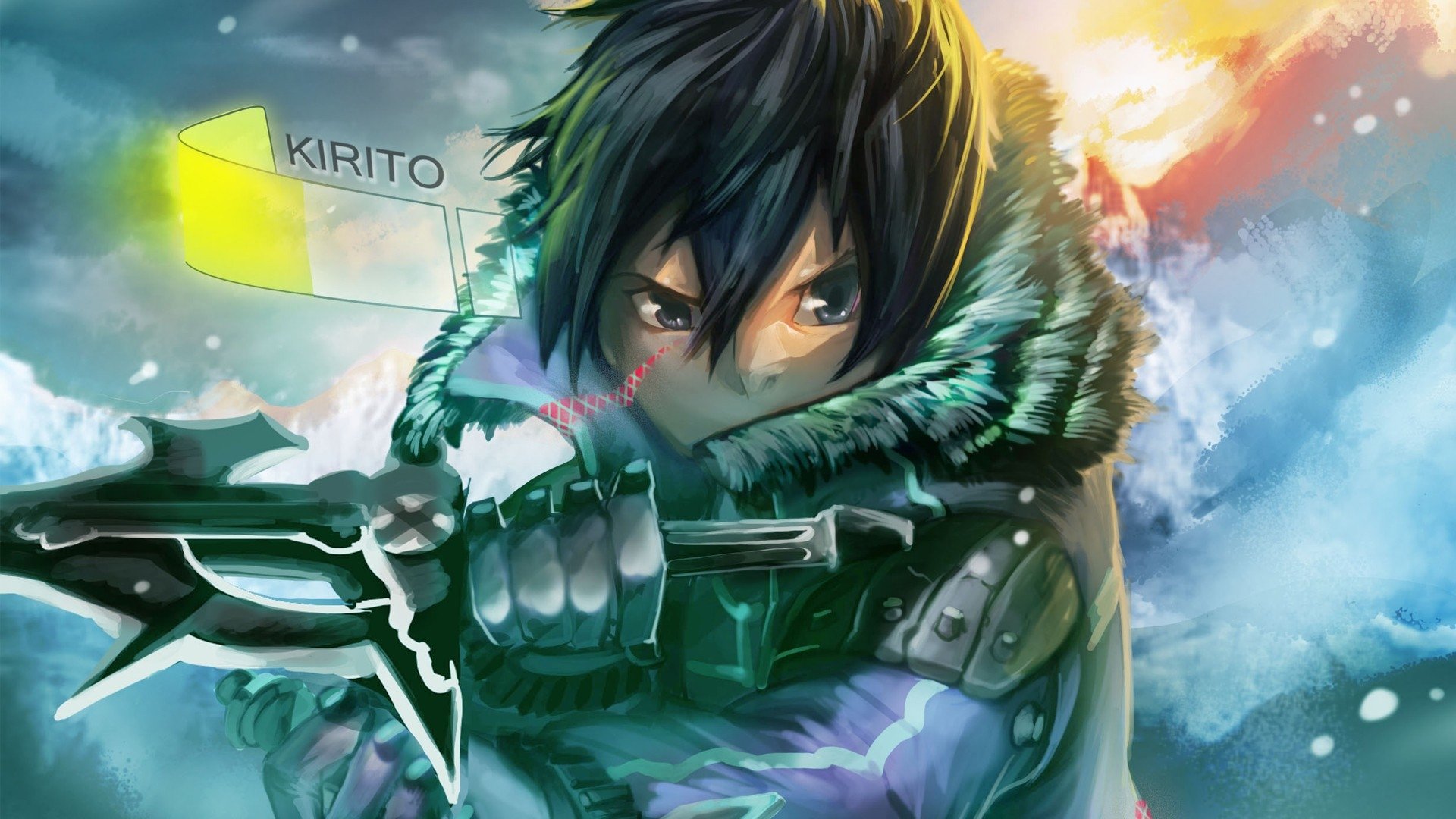 A determined Kirito from Sword Art Online stands ready for battle, adorned in a fur-lined coat, gripping a sword against a backdrop of vibrant colors and swirling snow.