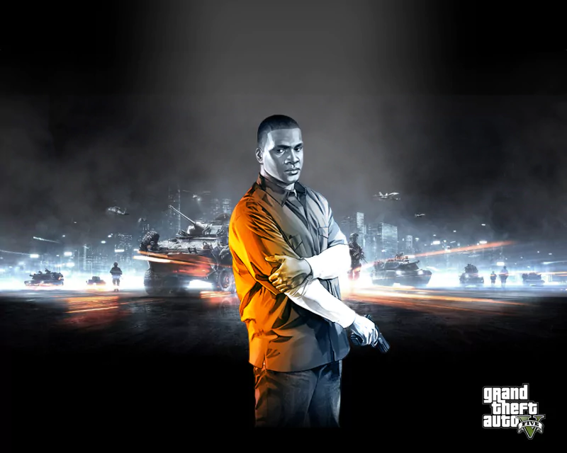 A character from Grand Theft Auto V stands confidently, set against a dynamic backdrop reminiscent of video game action, blending elements of Battlefield 3 in a cinematic style.