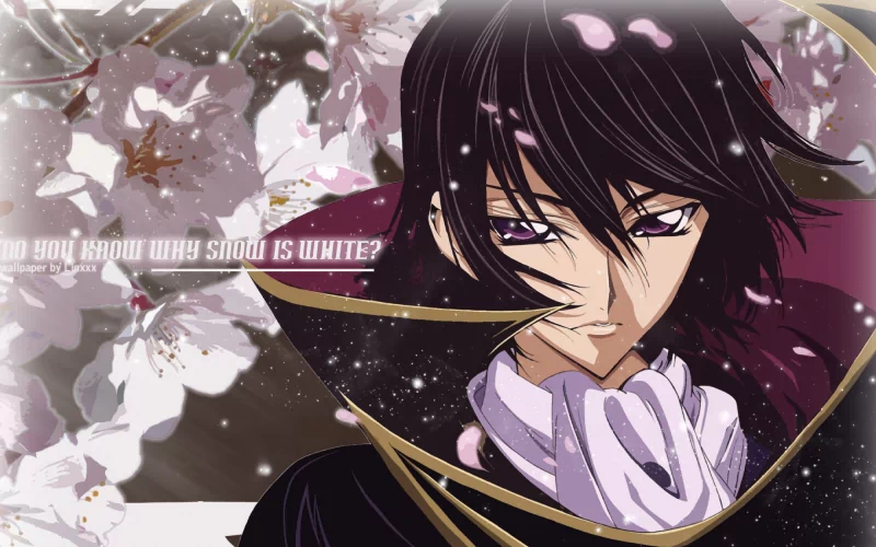 Code Geass anime-style portrait of Lelouch with dark hair and piercing eyes, hand to chin, surrounded by falling cherry blossoms against a moody purple-black backdrop.