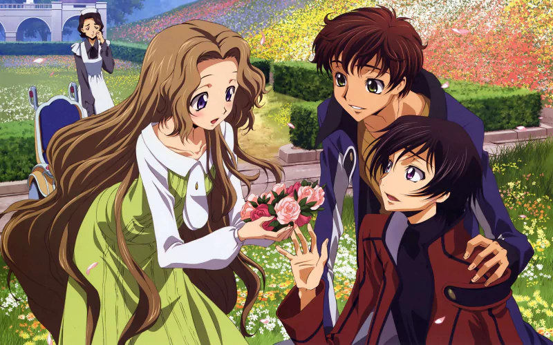 Code Geass anime scene: two young men and a long-haired woman in a sunlit garden, one man offering a bouquet while the others smile.