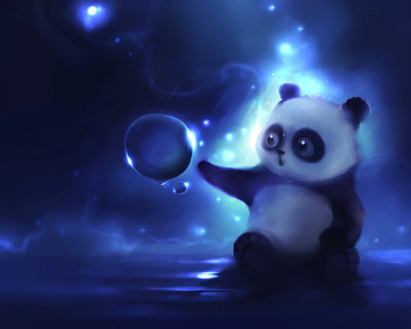 A panda animal cub reaches toward a glowing blue bubble in a dreamy, star-lit night scene with soft luminescent light.