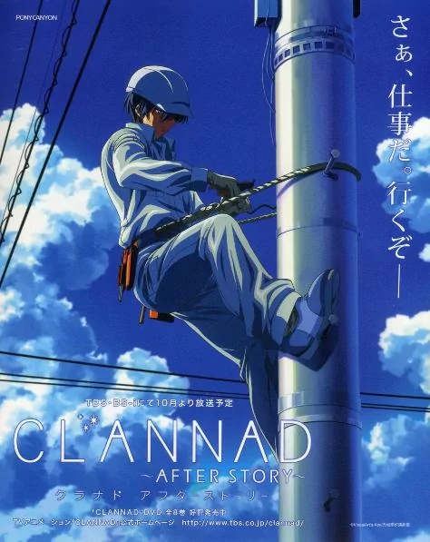 Anime scene from Clannad: a character wearing a safety helmet and harness climbs a utility pole against a bright blue sky with clouds.