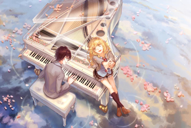 Anime-style artwork from Your Lie in April depicting a boy playing a grand piano while a girl with a violin sits nearby, surrounded by floating cherry blossom petals.
