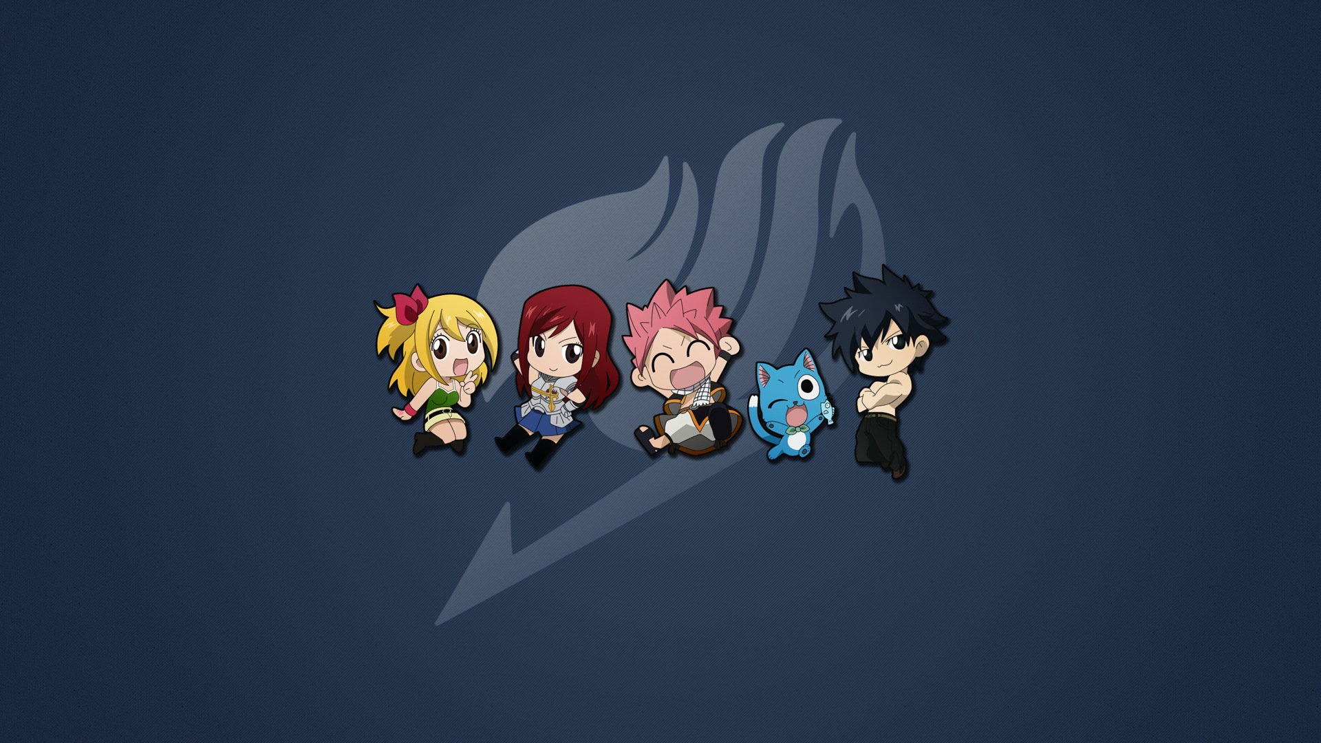 Chibi characters from the anime Fairy Tail gather together, showcasing their playful expressions against a dark background featuring the guild’s emblem.