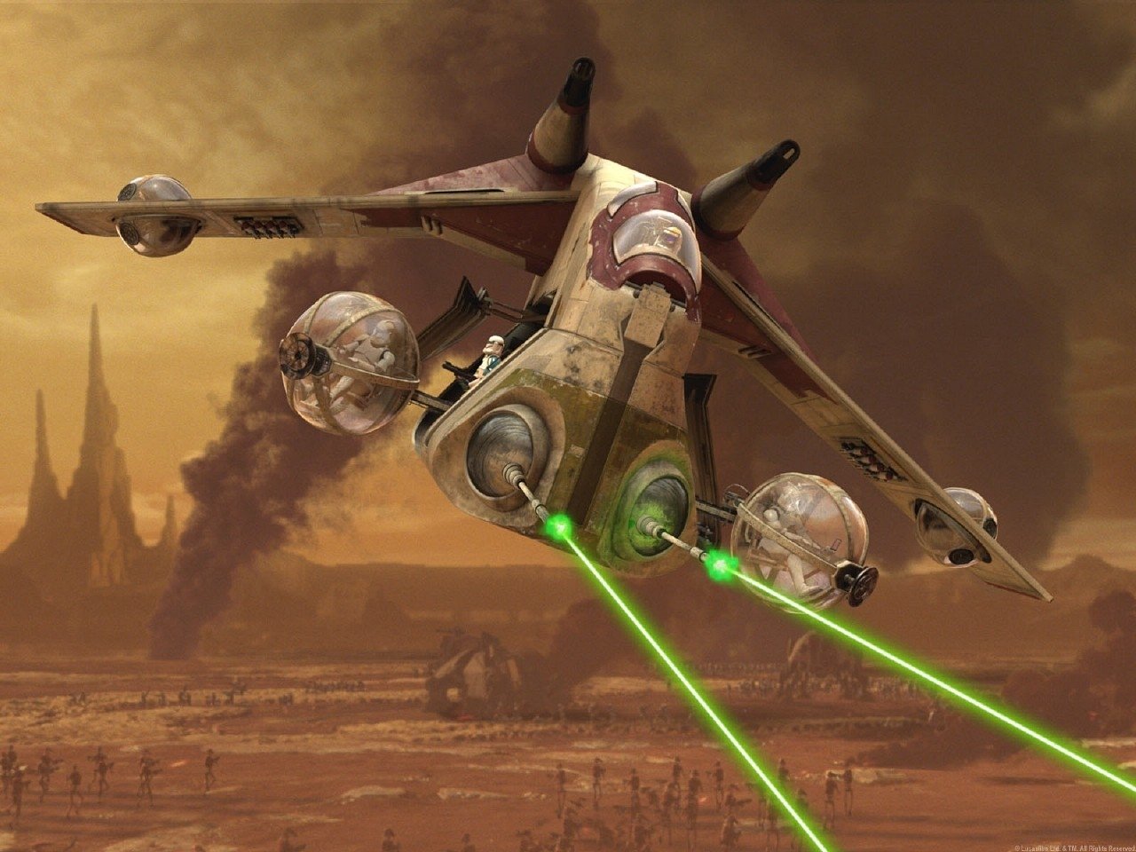 A Republic Gunship fires green laser blasts over a smoky battlefield in a scene from the TV show Star Wars: The Clone Wars (2008).