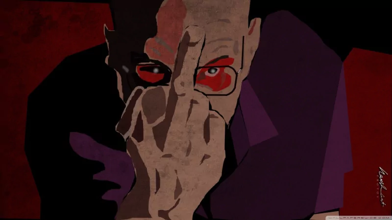 Stylized dark illustration of a bald man with red eyes partially covering his face, capturing the menacing, tense atmosphere of the TV show Breaking Bad.