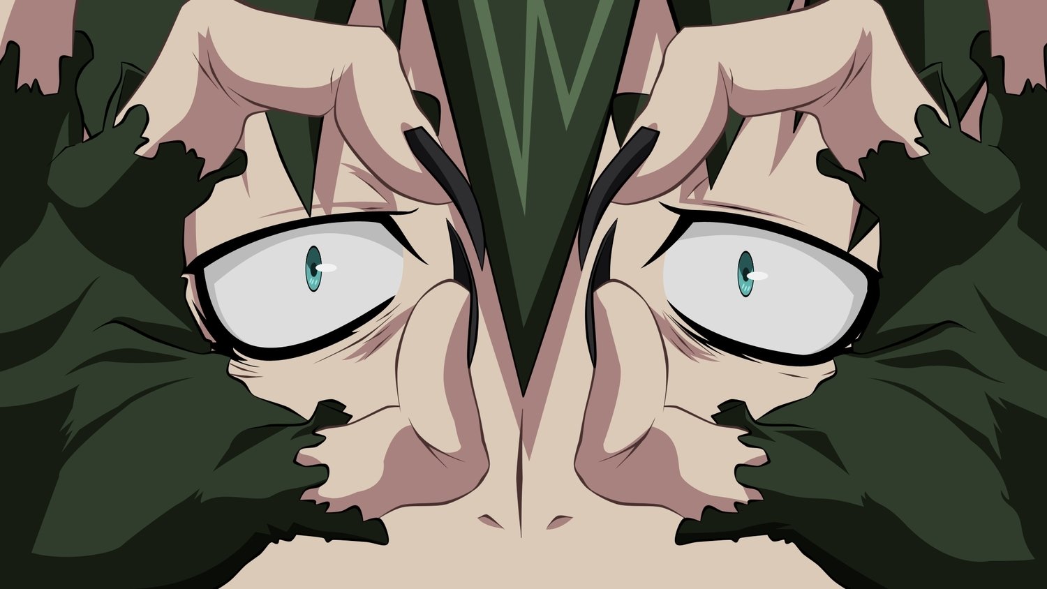 Close-up anime image from Blue Exorcist: wide, pale eyes forced open by dark-gloved hands pulling at the skin, producing a tense, unnerving expression.