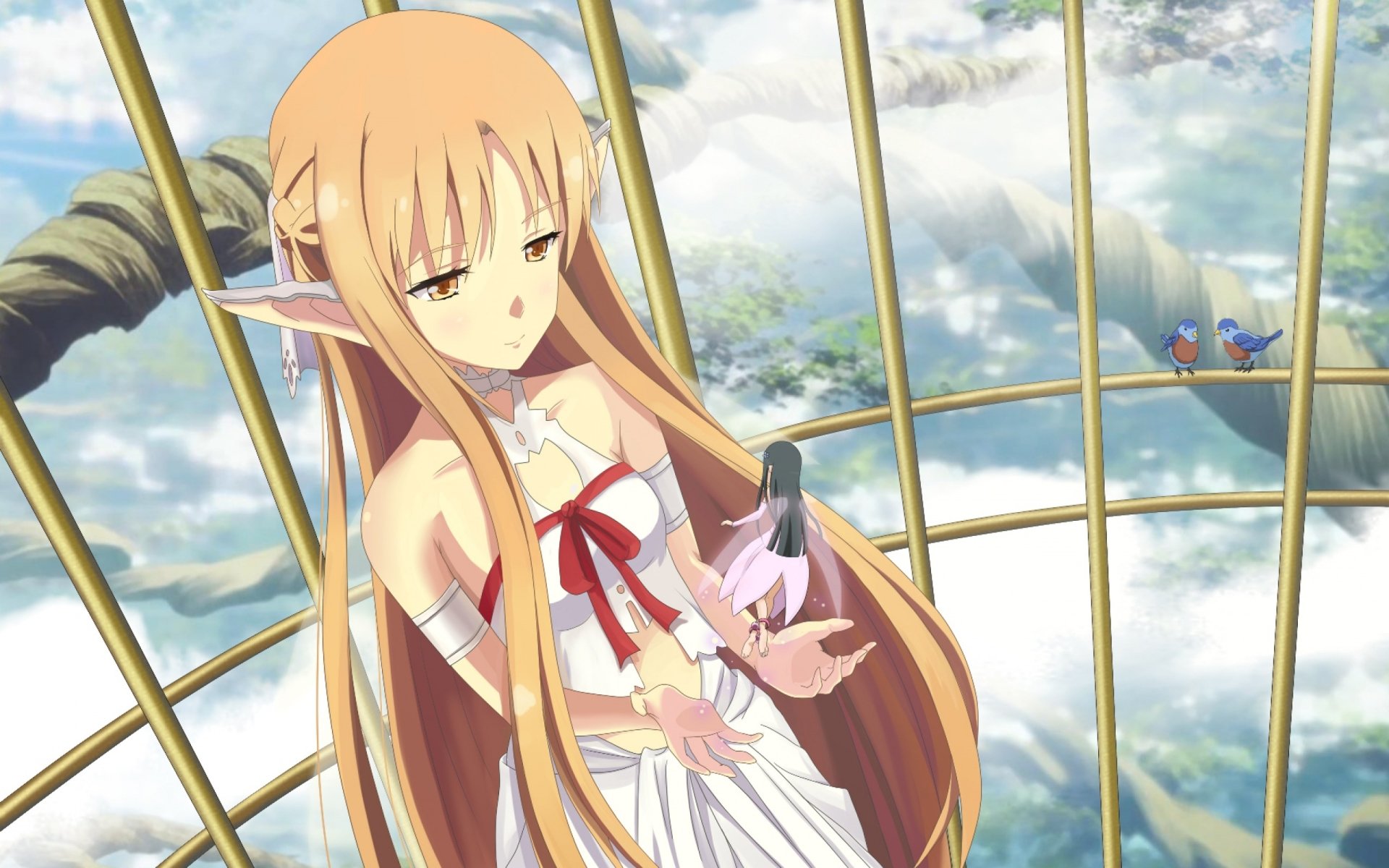 Asuna Yuuki holding Yui inside a glass sky pavilion, overlooking clouds — a scene from the Sword Art Online anime.