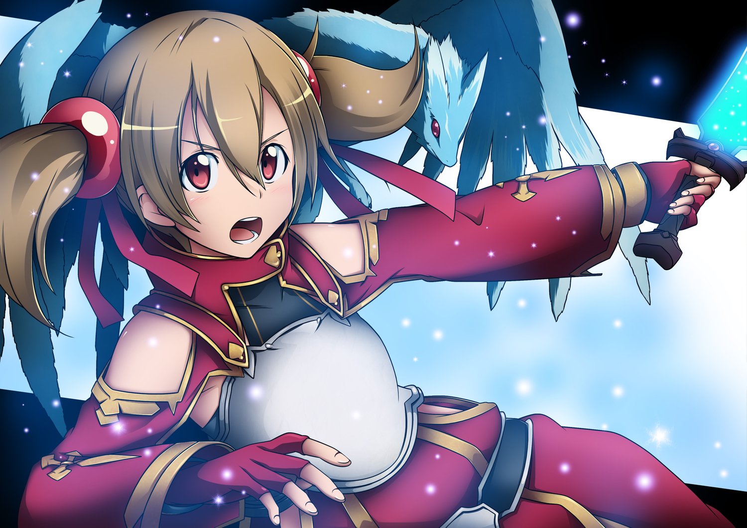 An action-packed scene from the anime Sword Art Online, featuring a fierce character wielding a glowing blue sword, with a dragon-like creature appearing behind her.