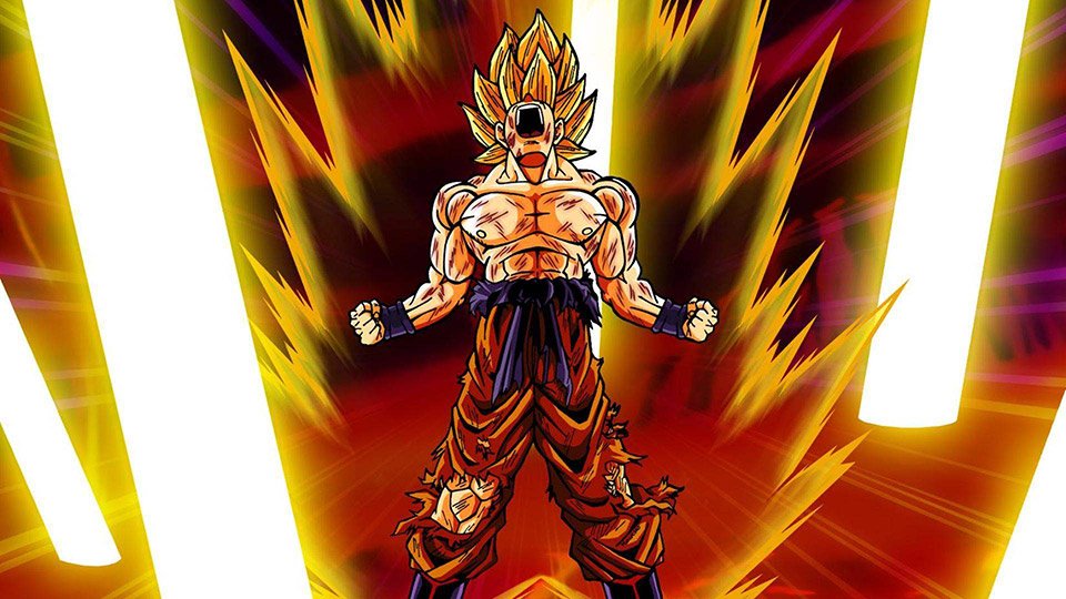 Goku from Dragon Ball Super transforms into Super Saiyan, surrounded by vibrant energy beams, showcasing his immense power and determination.