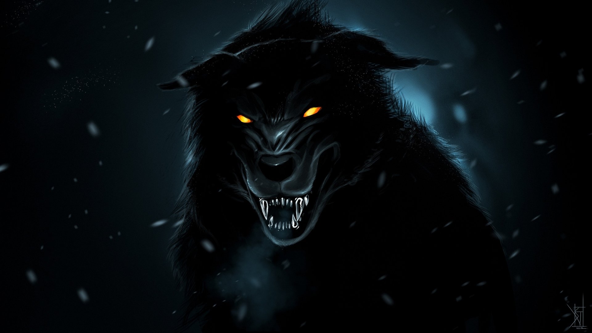 A dark, menacing werewolf with glowing yellow eyes snarls fiercely in the shadowy night.