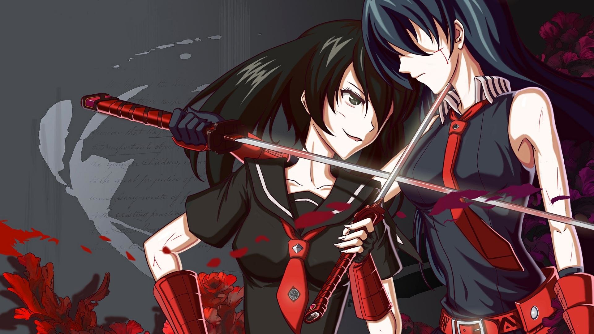 Kurome and Akame from Akame ga Kill! face off with bloodied weapons in intense anime-style artwork.