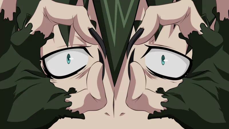 Close-up anime image from Blue Exorcist: wide, pale eyes forced open by dark-gloved hands pulling at the skin, producing a tense, unnerving expression.