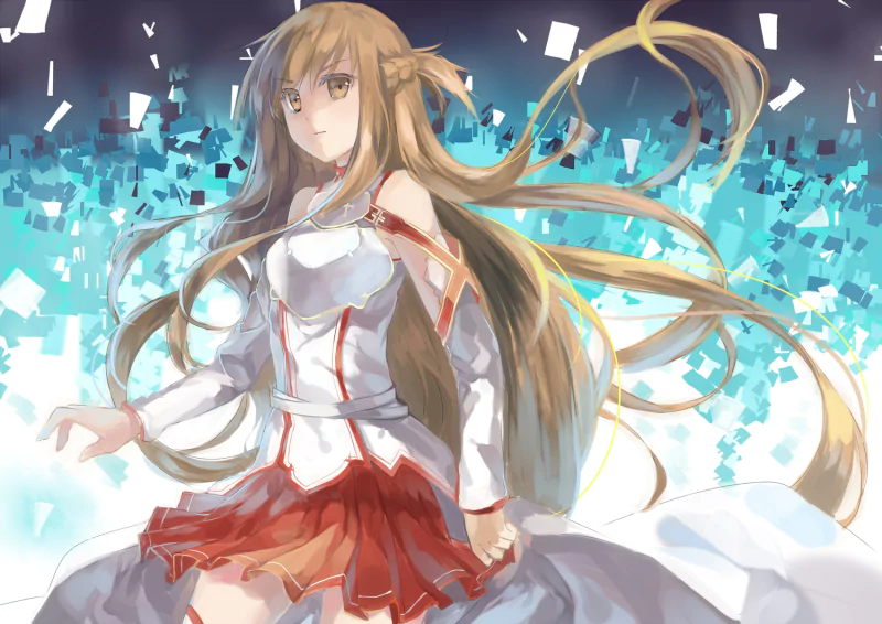 Asuna Yuuki from Sword Art Online stands amid glowing shards, long hair flowing, wearing a white-and-red outfit.