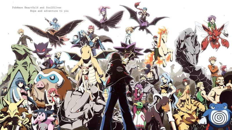 Ensemble artwork of a trainer silhouette surrounded by numerous Johto-region Pokémon from the video game Pokémon: HeartGold and SoulSilver.