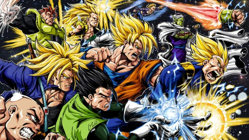 A dynamic scene from Dragon Ball Super featuring iconic characters in action, showcasing intense battles and energy blasts against a vibrant, chaotic backdrop.