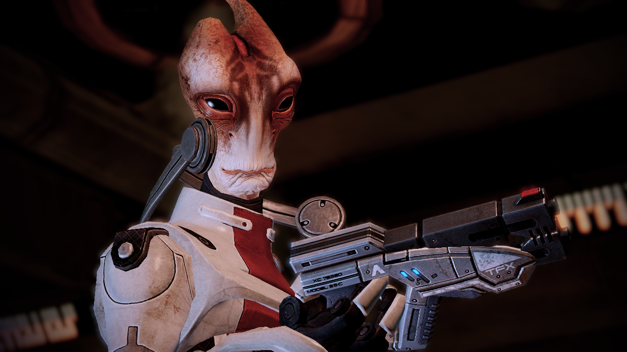 Mordin Solus, an alien character from the sci-fi video game Mass Effect 2, aims a futuristic weapon in a dimly lit environment.