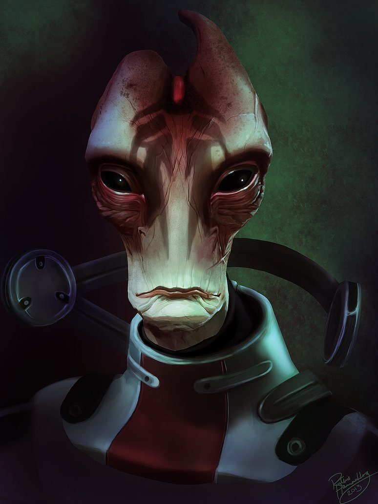 Digital art portrait of Mordin Solus, an alien character from the video game Mass Effect 2, showcasing his distinct facial features and high-tech suit.