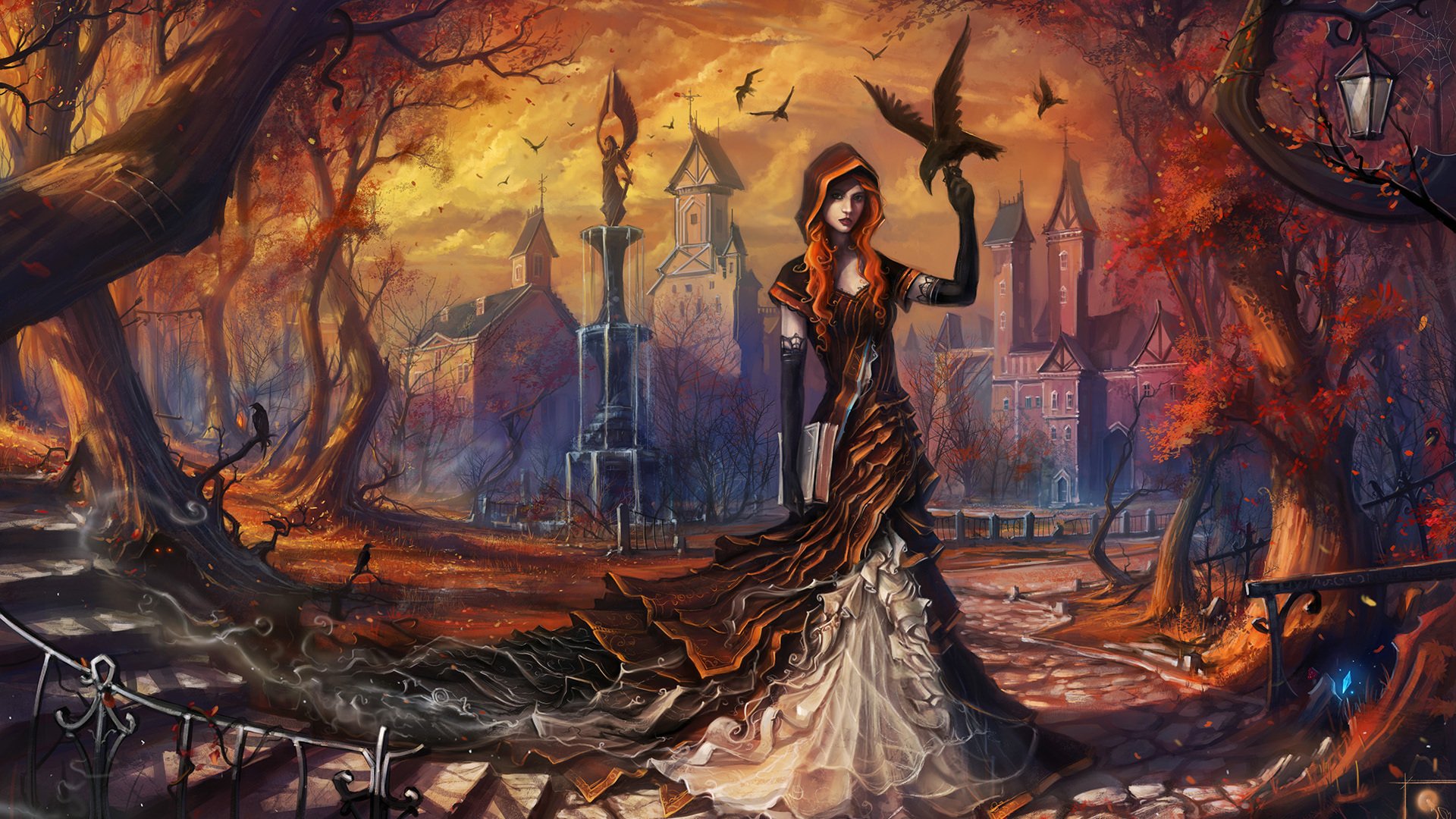 A fantasy woman in an elaborate gown stands among twisted autumn trees, a raven perched on her hand, spired castle towers and glowing sky looming in the distance.