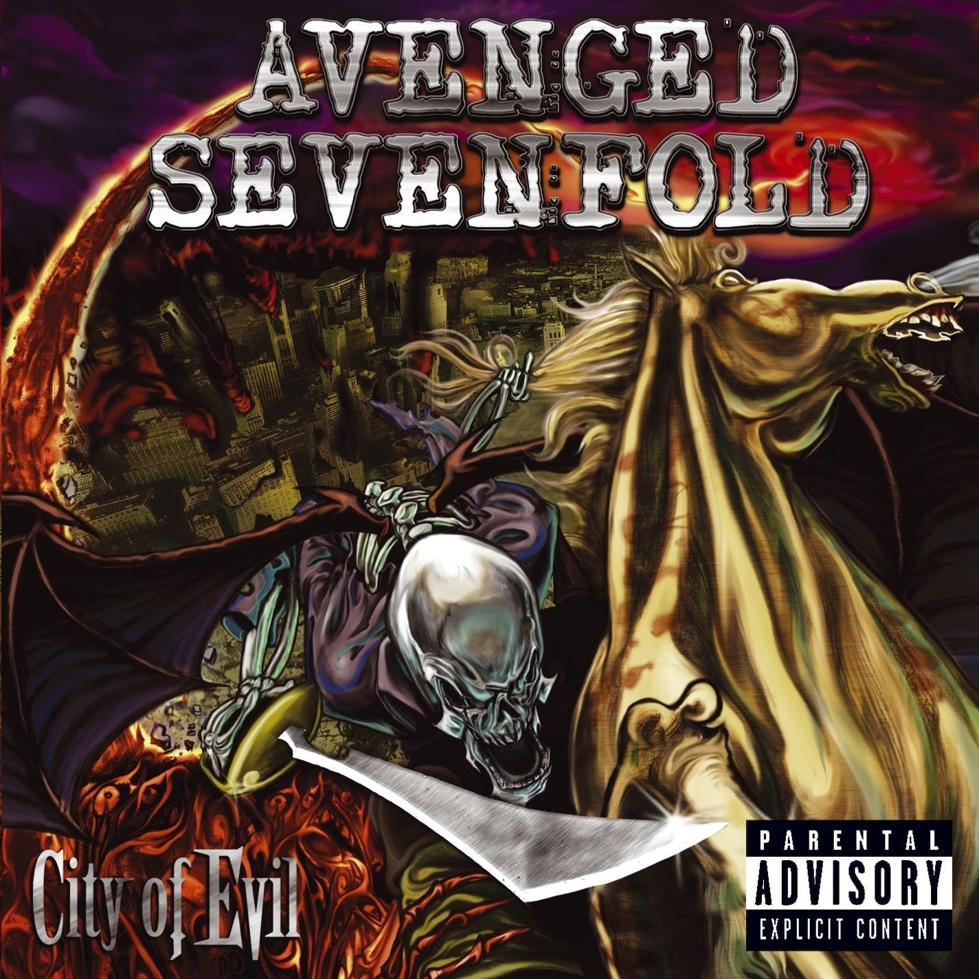 Album cover art for Avenged Sevenfold's City of Evil, featuring a skeletal figure riding a fierce horse amidst dark, fiery imagery, with a parental advisory label.