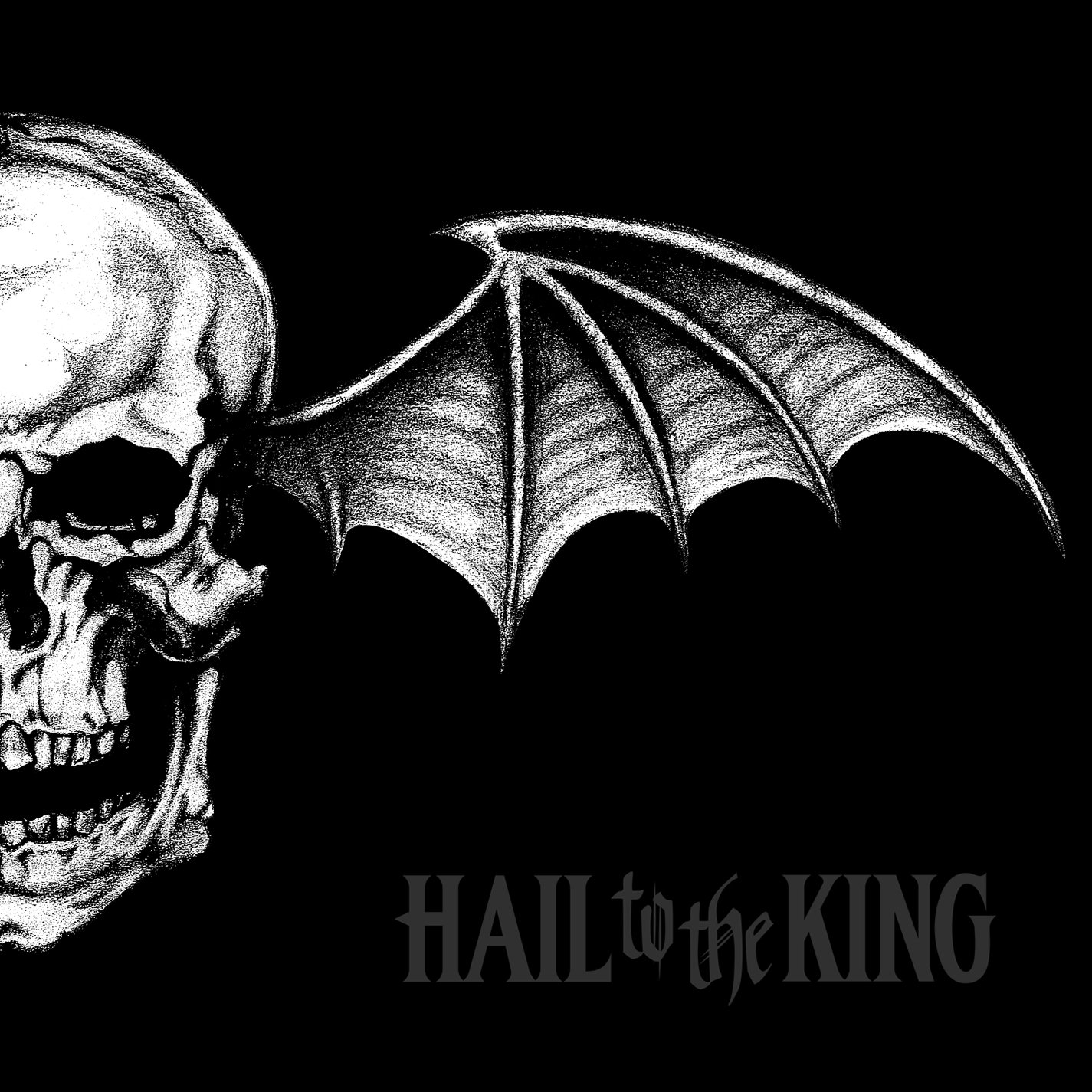 Black-and-white illustration of a skull with a bat-like wing and Hail to the King text — Avenged Sevenfold album artwork.