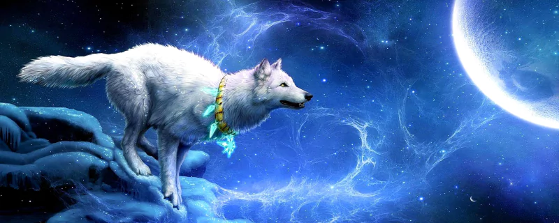 A mystical white wolf stands on a rocky ledge under a glowing moon, set against a vibrant, star-filled fantasy night sky.
