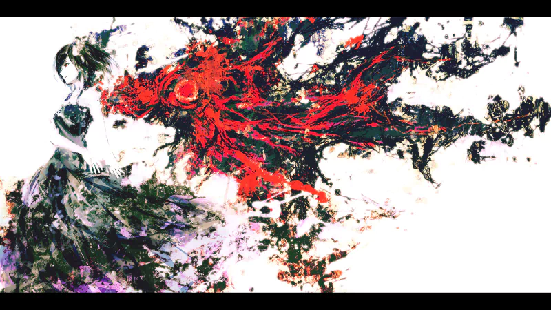 An artistic depiction from *Tokyo Ghoul*, featuring a figure in a flowing dress alongside a dynamic, swirling red and black entity, capturing the essence of the anime's dark themes.