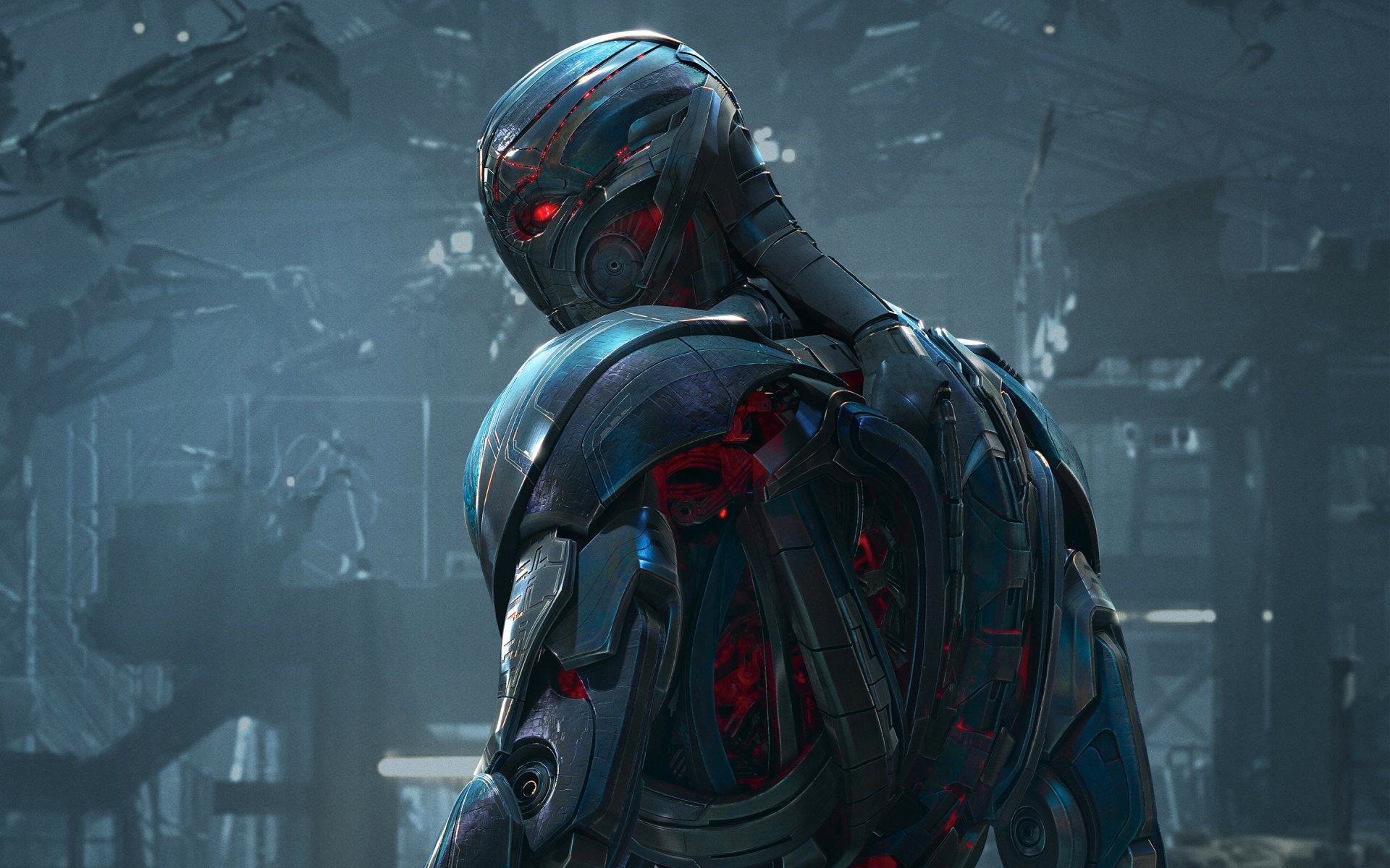 A close-up of Ultron, the villain from *Avengers: Age of Ultron*, showcases his metallic body and glowing red eyes, set against a backdrop of destruction.