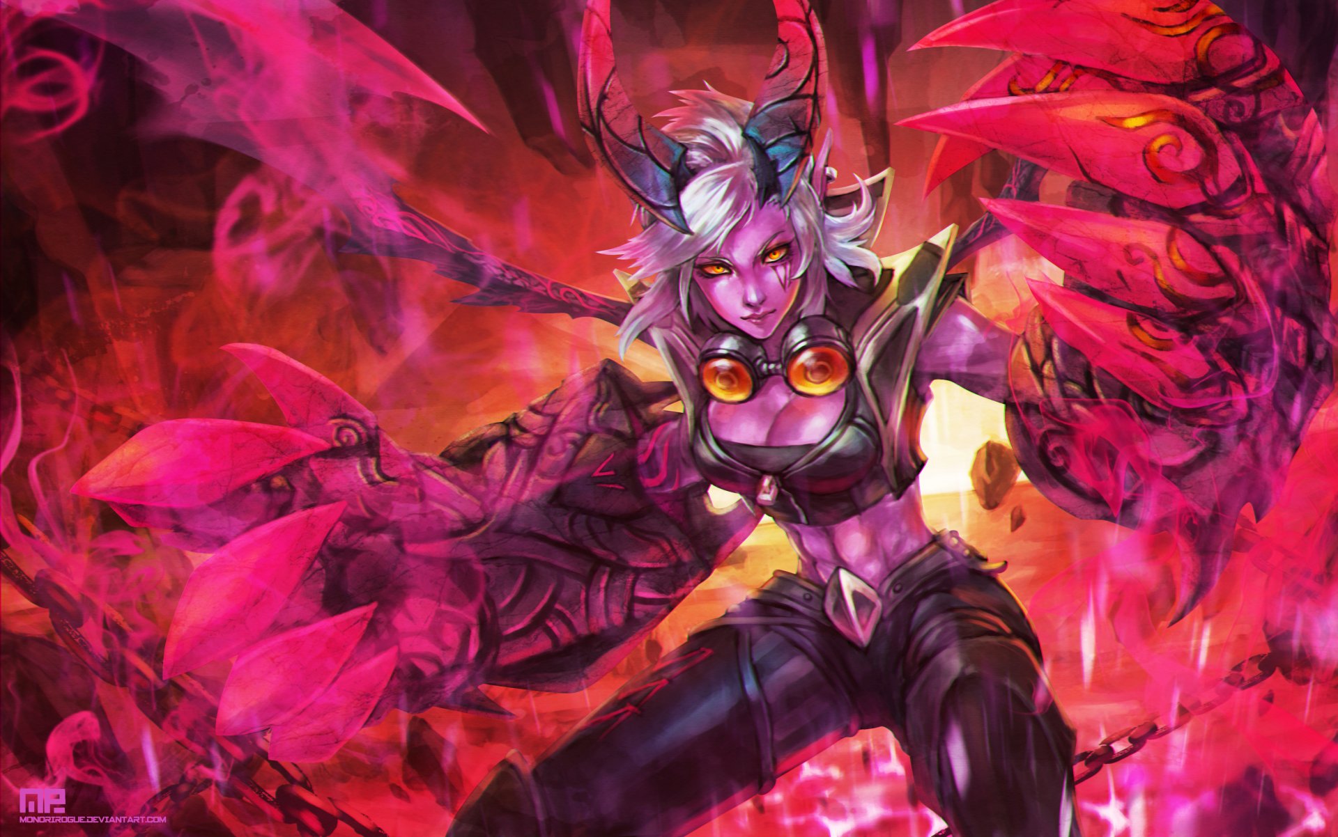 VI from League of Legends is depicted in dynamic action, surrounded by vibrant pink and red energy, showcasing her fierce and powerful presence in this video game artwork.