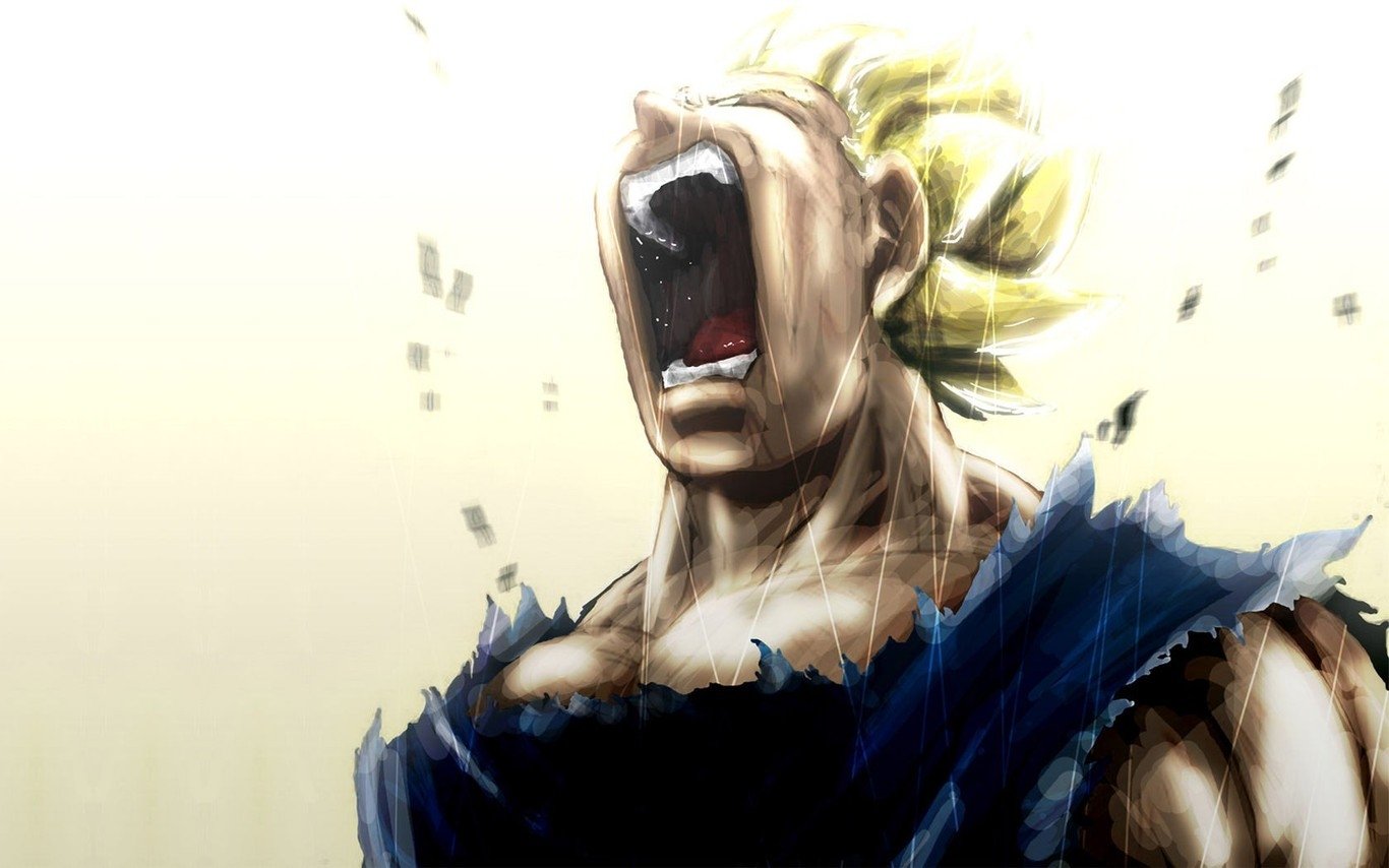Anime-style image from Dragon Ball showing a powerful character with golden hair shouting intensely, surrounded by energy and dynamic motion effects.
