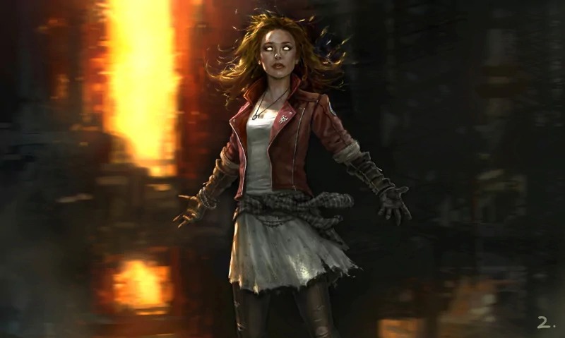 Wanda Maximoff, also known as Scarlet Witch, stands poised amidst chaos in Avengers: Age of Ultron, showcasing her powerful abilities with glowing eyes and a determined expression.