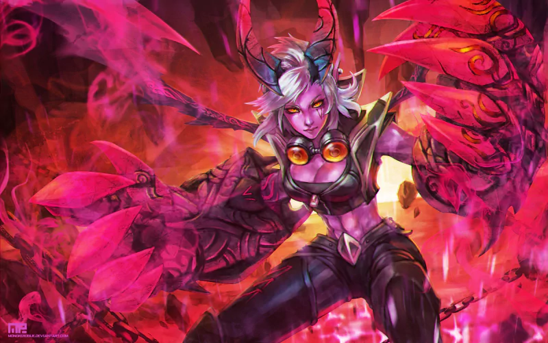 VI from League of Legends is depicted in dynamic action, surrounded by vibrant pink and red energy, showcasing her fierce and powerful presence in this video game artwork.