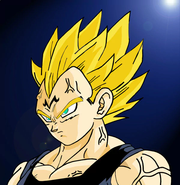 A fierce character with spiky golden hair and a determined expression, this illustration captures the essence of anime from Dragon Ball Z.