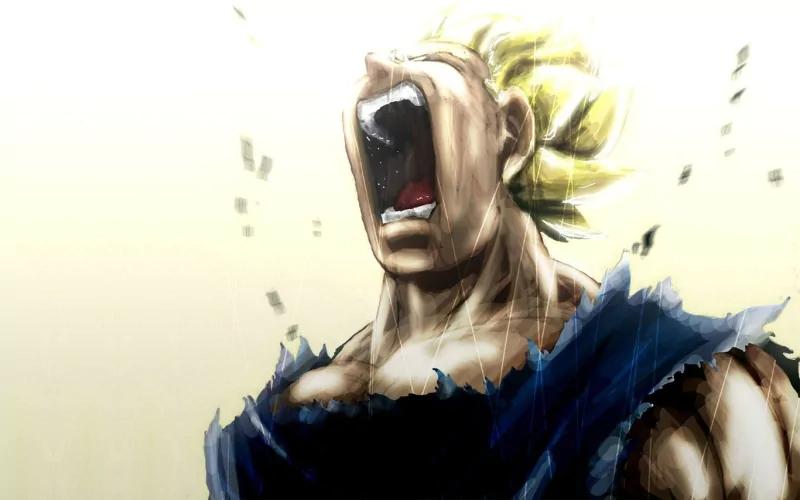 Anime-style image from Dragon Ball showing a powerful character with golden hair shouting intensely, surrounded by energy and dynamic motion effects.