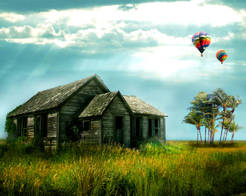 An artistic scene of a weathered house surrounded by lush nature under a bright sky with two colorful hot air balloons floating nearby.