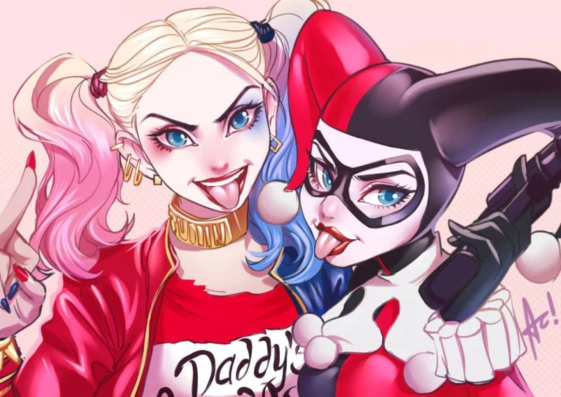Comic-style illustration featuring Harley Quinn with her signature playful and mischievous expression, alongside a classic Harley Quinn in her jester costume.