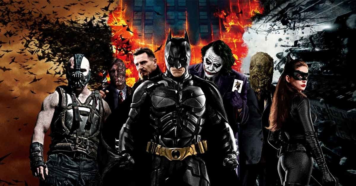 A dynamic scene from the Batman movie, featuring Batman in the center, surrounded by iconic villains including the Joker, Bane, and Catwoman, set against a backdrop of chaos and fire.
