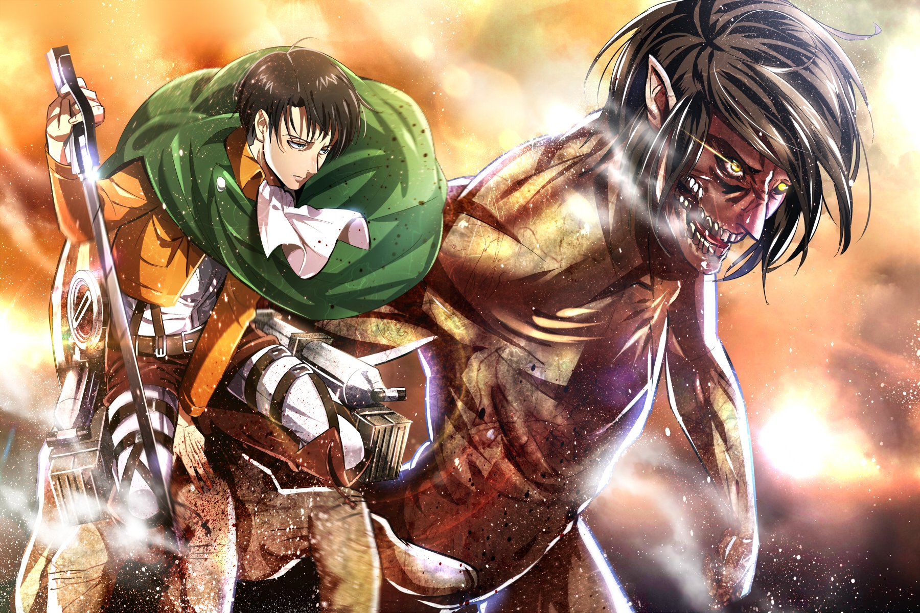 Scene from the anime Attack on Titan featuring a soldier with maneuver gear facing a fierce, bloodied Titan amidst a fiery, chaotic background.