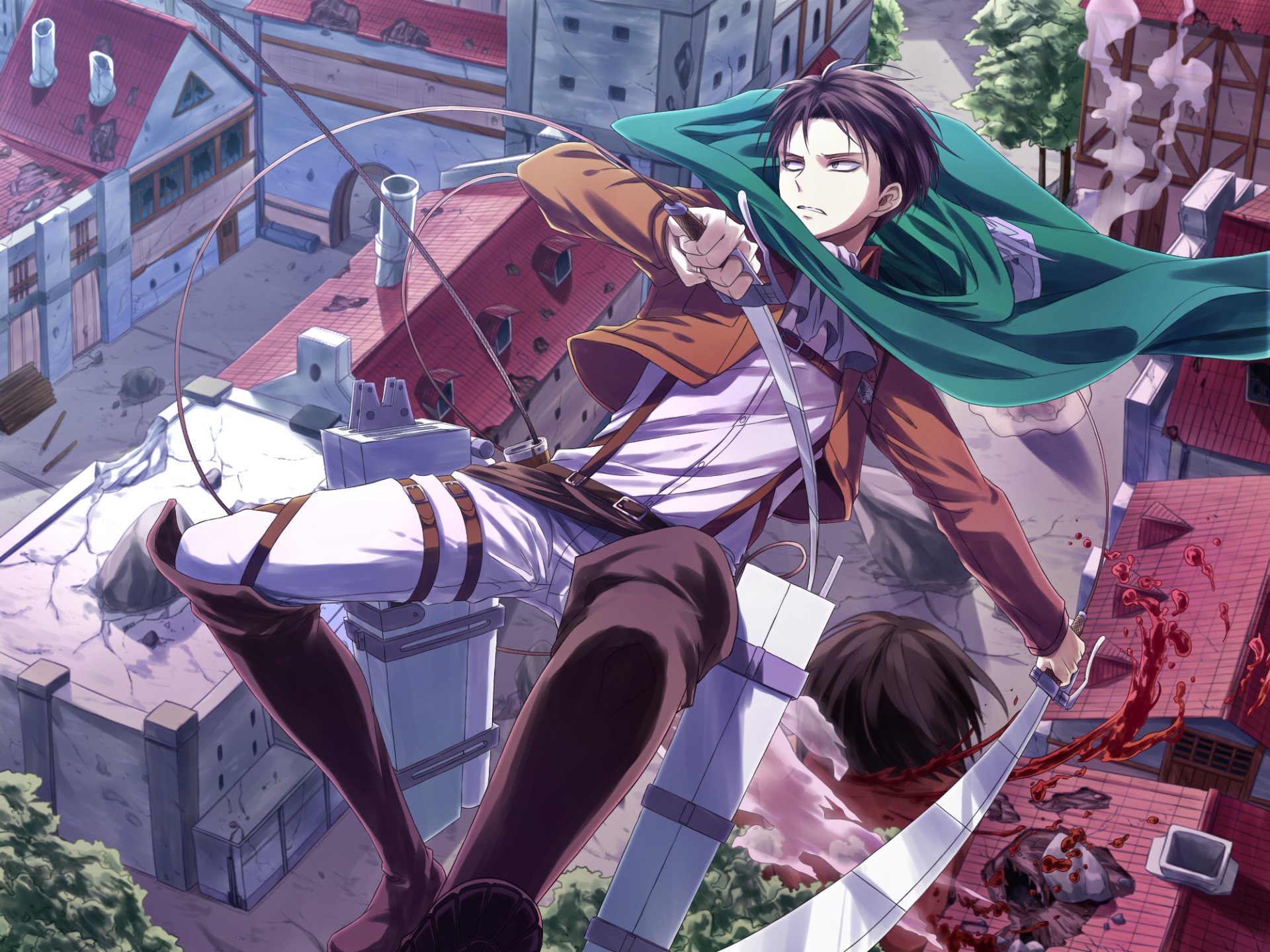 Anime scene from Attack on Titan featuring a character in mid-air with maneuvering gear, soaring above a detailed cityscape with damaged buildings.