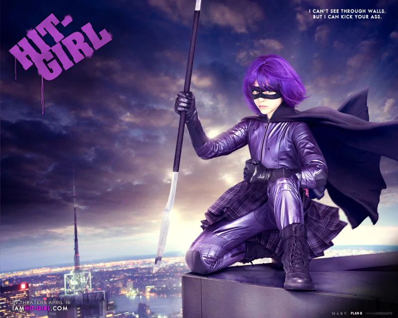 Hit-Girl from the movie Kick-Ass crouches on a rooftop at dusk, dressed in purple with a staff, overlooking a city skyline under dramatic clouds.