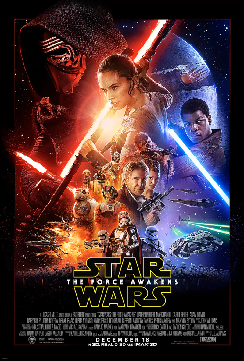 Star Wars: The Force Awakens poster — Rey with a lightsaber, Kylo Ren, Han Solo, Finn, Chewbacca, Captain Phasma, the Millennium Falcon and starships in fiery space.