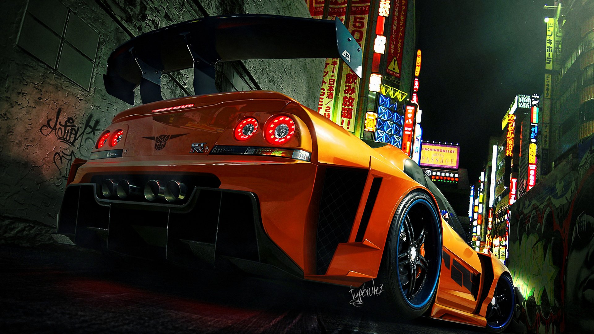 Low-angle night view of an orange Nissan Skyline sports car with wide body kit and large rear wing parked in a neon-lit city alley.