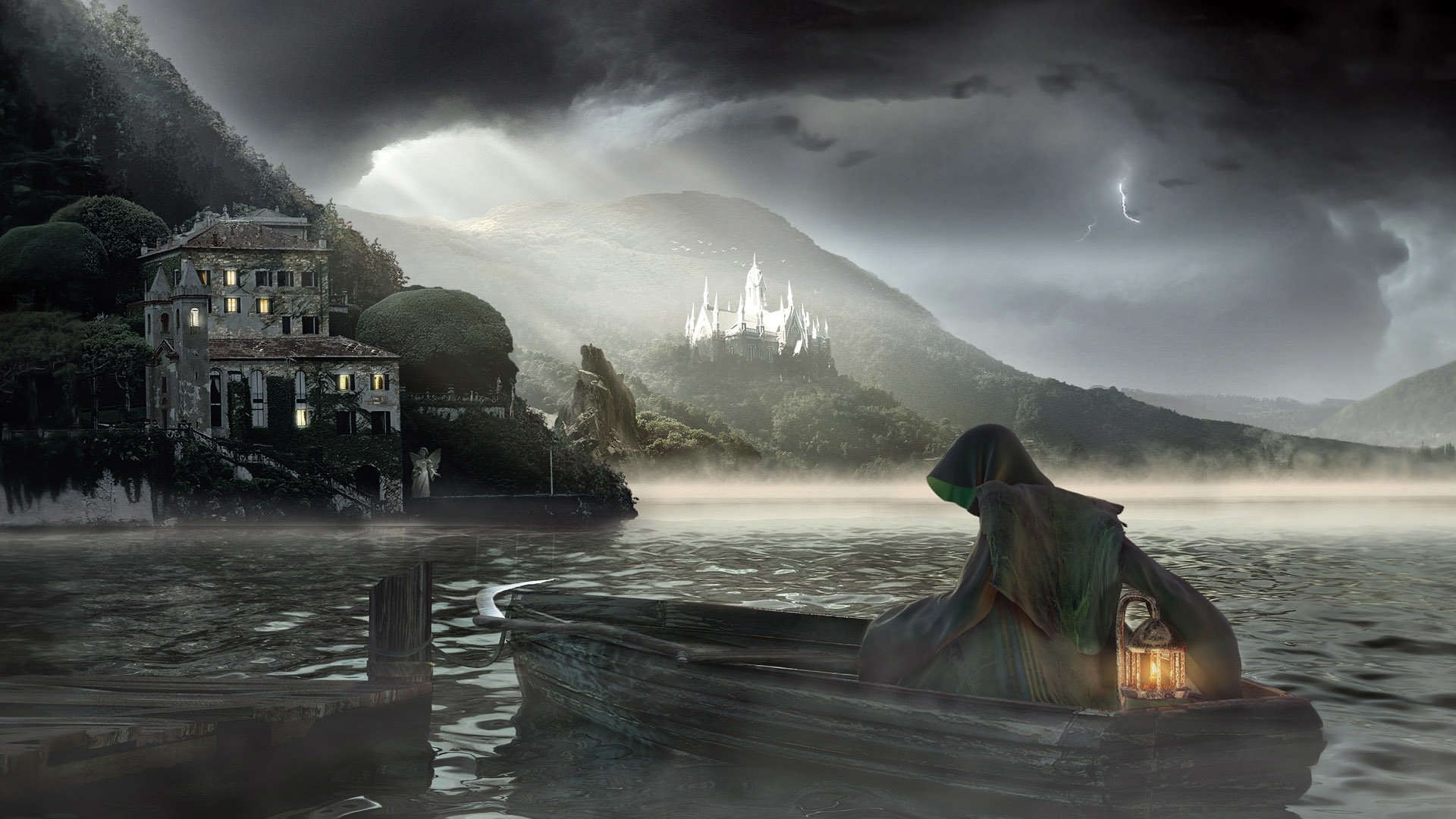 Dark, mist-shrouded lake with a cloaked grim reaper in a small boat holding a lantern; a remote castle looms beneath stormy skies.