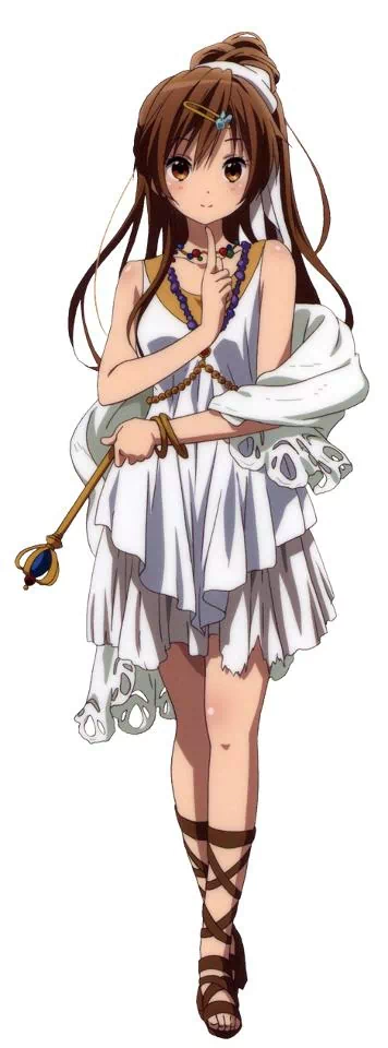 Anime character from Love Chunibyo & Other Delusions wearing a white layered dress and sandals, holding a staff with a blue gem, with long brown hair and hair accessories.