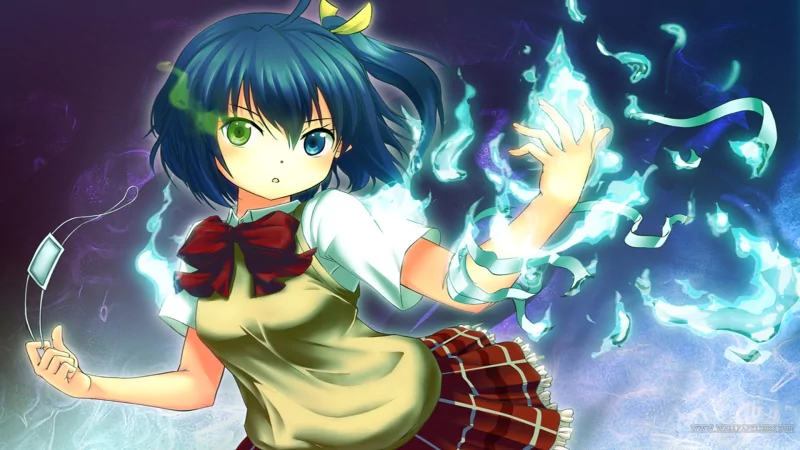 Anime image from Love, Chunibyo & Other Delusions: a teal‑haired schoolgirl in a uniform with red bow and plaid skirt conjures glowing, ribbonlike blue magic from her outstretched hand.